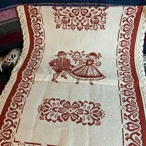 German : Rustic Red and Cream Table Runner(Dancing Couple)  Trimmed in Lace